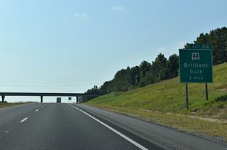 SR 44, an east to west route stretching 10.02 miles between Guin and Brilliant, meets Interstate 22 at a diamond interchange (Exit 26) in one mile.