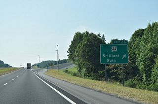 East from Exit 26, SR 44 continues 4.08 miles to SR 129 near Pull Tight in the town of Brilliant.