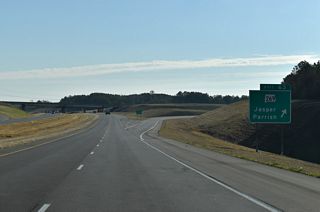 Entering the parclo interchange (Exit 63) with SR 269 for Jasper along I-22 east. The state route concludes a 41.52 mile course at I-20/59 in the Ensley section of Birmingham.