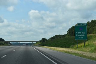 Walker County Route 22 (Cordova Parish Road) and Interstate 22 come together at Exit 70 in one mile. CR 22 connects I-22/U.S. 78 with the Cordova city center to the northeast.