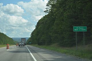 I-59 shifts southward across Big Ridge to the first of three exits for the DeKalb County seat of Fort Payne.