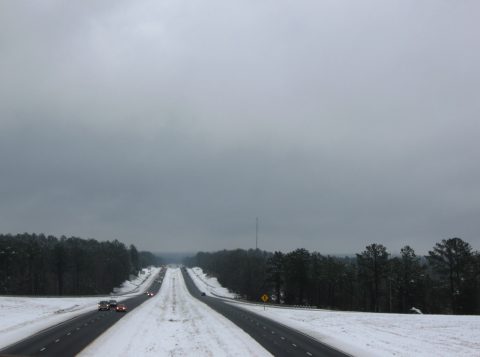 Snow cover along at Interstate 65 at SR 41 near Range, Alabama