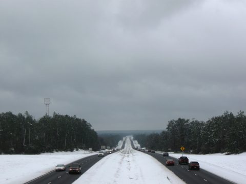 Snow cover along I-65 at SR 41 near Range, Alabama