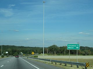 Button copy distance sign posted ahead of the eastbound entrance ramp from Riverchase Drive. Downtown Columbus is a three mile drive via 2nd Avenue south. Macon is the next major city along U.S. 80 at 98 miles out.