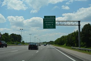 Rideout Road extends south from Research Park Boulevard (SR 255) at Exit 14 to Gate 9 of the Redstone Arsenal. Rideout Road is restricted to authorized personnel at Goss Road.