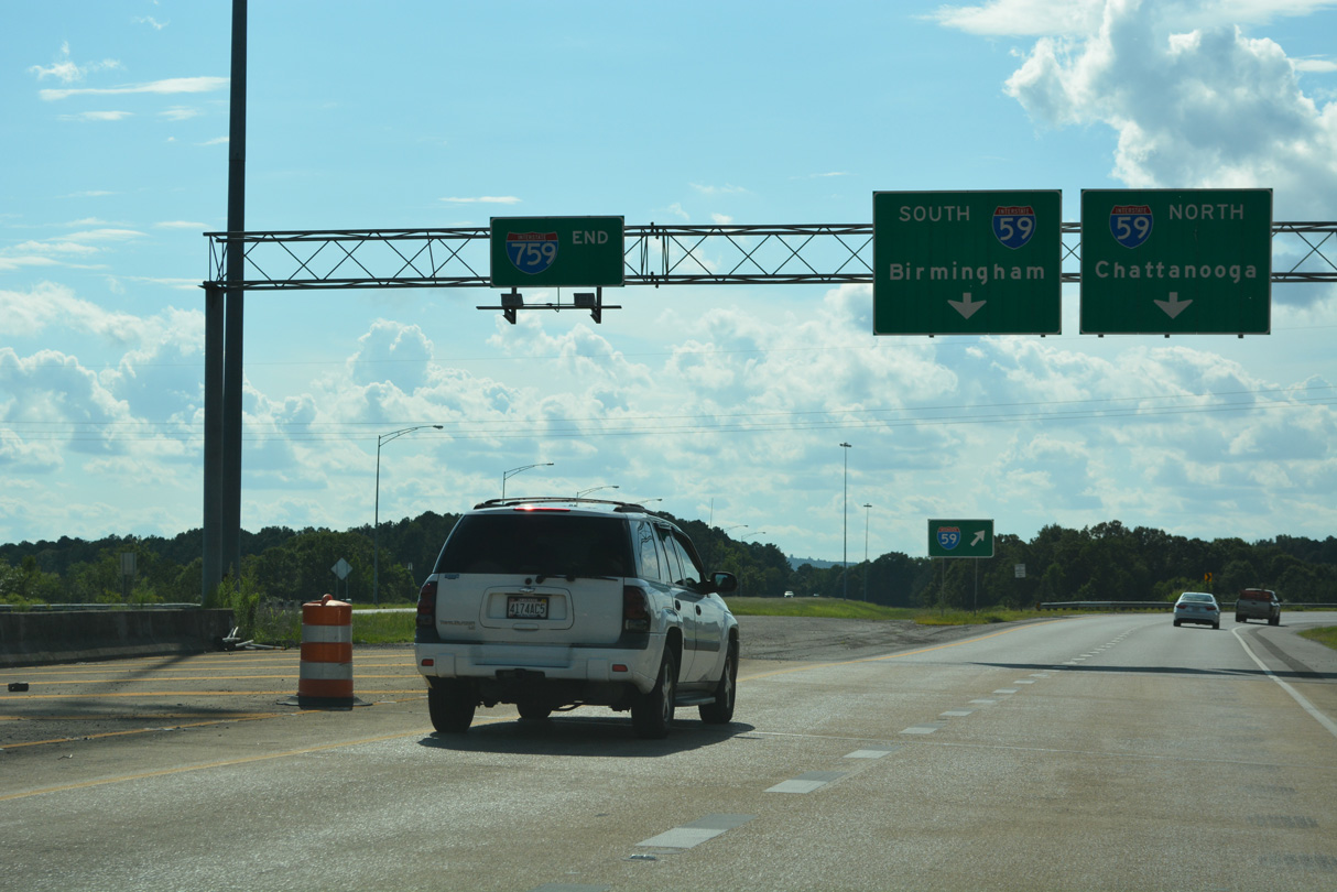 Traffic shifts from the Interstate 759 mainline onto the ramps for I-59 at the bridge over Brooke Avenue and Big Wills Creek.