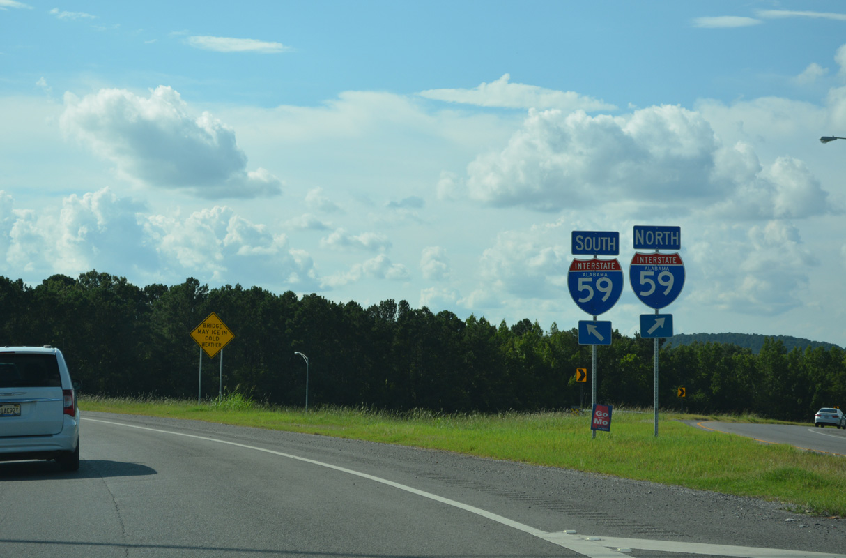 Interstate 59 ends 79 miles to the north at I-24. Southward the freeway meets Interstate 459 in 45 miles.
