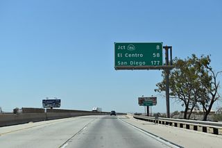 I-8 continues west from Yuma eight miles to California State Route 186, 58 miles to El Centro and 177 miles to San Diego. SR 186 is significant because it travels south to the International border across from Baja California, Mexico.