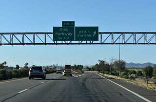 Oleander bushes line the median leading west from the weigh station to Exit 1. This is a plant commonly used in the medians of many freeways and expressways in California.