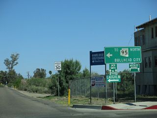 The route to Arizona State Route 95 through Needles, California utilizes Broadway Street (Historic U.S. 66) north to Needles Highway east. K Street heads north across the Colorado River to become SR 95 three blocks east of Broadway Street.