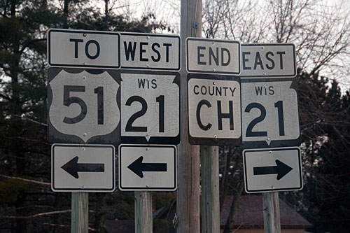 Wisconsin U. S. route 51, Wisconsin state route 21, Wisconsin county route CH