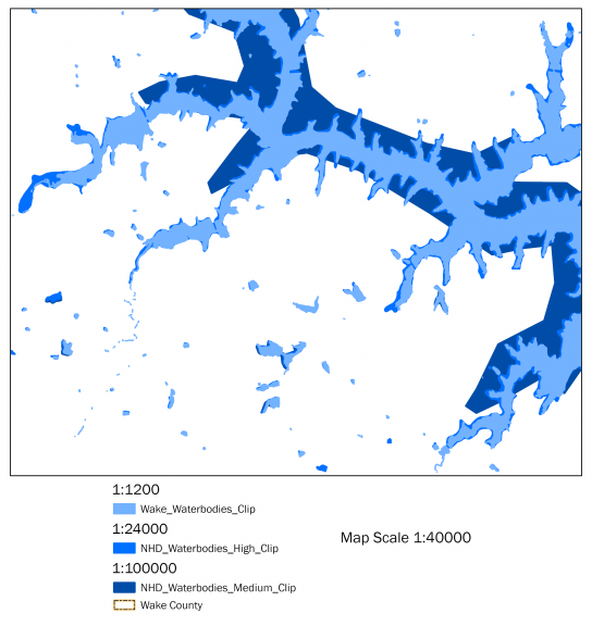 Polygon vector data for Wake County, NC waterbodies at different scales