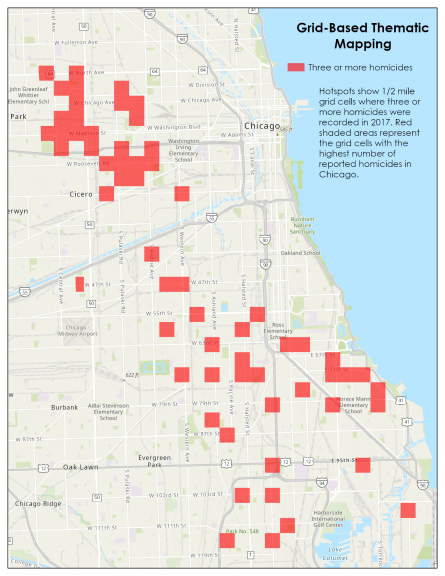 Grid-Based Thematic Map of Chicago where three or more homicides were recorded in 2017