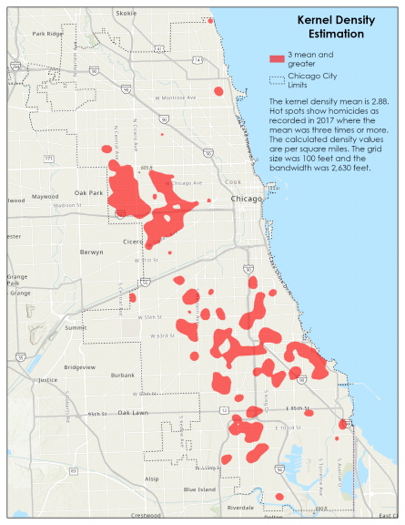 Continuous surface map showing the crime hotspots for Chicago based upon 2017 homicide point data