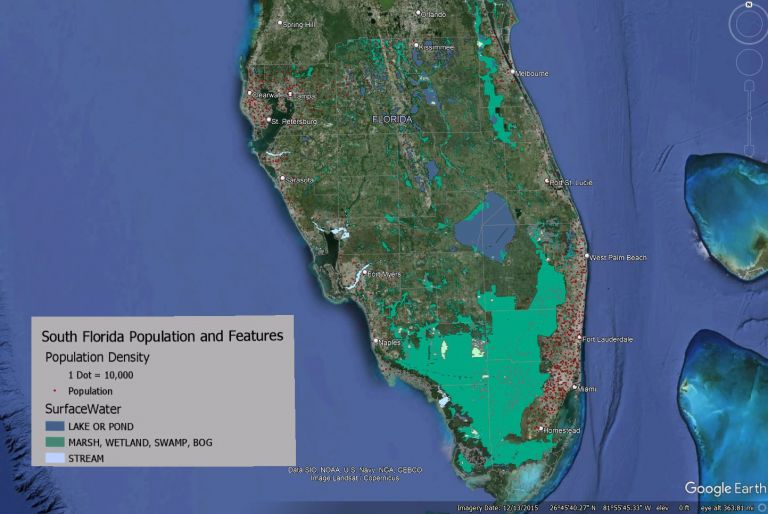 Screenshot of Google Earth Map covering South Florida hydrology and population density