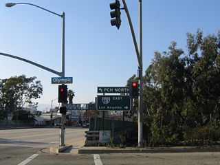 Olympic BOulevard constitutes a service road system for I-10 (Santa Monica Freeway) between SR 1 (Lincoln Boulevard) and 11th Street. The eastbound entrance ramp for I-10 to Downtown Los Angeles lowers from Olympic Boulevard east at adjacent 9th Street.