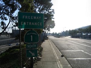 Freeway entrance shield assemblies marks the continuation of California 1 north toward Malibu and Oxnard.