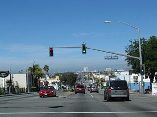 Northbound California 1 (Sepulveda Boulevard) meets Second Street with a vantage point looking north toward Manhattan Beach and El Segundo.