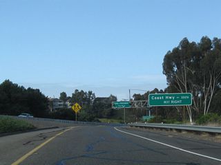 California 1 briefly has a freeway alignment (for about a mile) between Interstate 5 and the San Juan Creek crossing. The next exit along California 1 (Pacific Coast Highway) is Exit 1, Doheny Park Road to Coast Highway south and the community of Capistrano Beach (part of the city of Dana Point).
