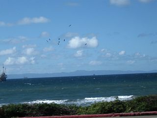 The oil platforms in the coastal waters and Catalina Island come into view to the west on clear days.