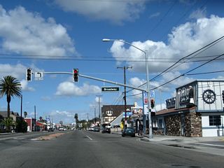 Northbound California 1 (Pacific Coast Highway) meets Broadway in Sunset Beach.