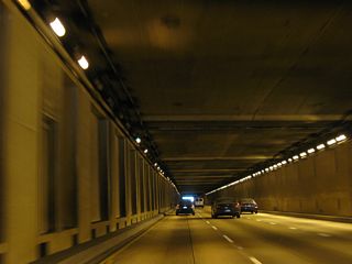 This view shows the interior of the tunnel, which is often very busy due to its role as one of the main routes to the airport.