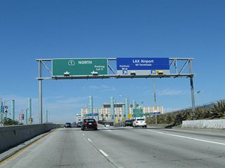 Two lanes depart from northbound California 1 (Sepulveda Boulevard) to Century Boulevard and Los Angeles International Airport (LAX).