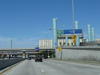 California 1 (Sepulveda Boulevard) at the Century Boulevard interchange. Despite the presence of multiple flyover ramps, California 1 does not achieve freeway standards through here.