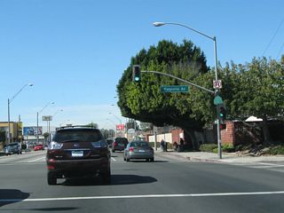 A California 1 reassurance shield is posted on the traffic signal pole at the point where Pacific Coast Highway meets Magnolia Avenue in Long Beach.