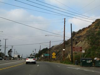 Topanga County Beach lines the south side of SR 1, west of SR 27 at Topanga Creek.