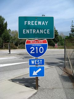 This freeway entrance shield is posted for Interstate 210 west, but California 2 south (west) is omitted.