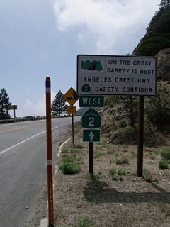 Leaving Islip Saddle, this sign advises of the need for safety along California 2 (Angeles Crest Highway). A small California 2 shield (complete with state name) is posted within the safety sign. Photos taken 05/21/10 by Martin Grahl and 08/22/09.