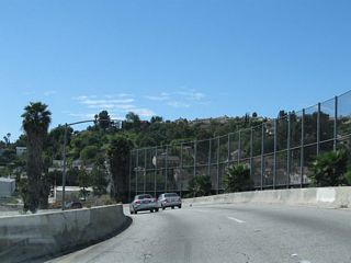 Two lanes carry westbound (southbound) California 2 from the Glendale Freeway onto southbound Glendale Boulevard in Echo Park.