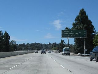 This interchange sequence sign along California 2 (Glendale Freeway) west (south) provides the distance to the next three exits: Exit 13B, Fletcher Drive; Exit 13A, Interstate 5 (Golden State Freeway); and Exit 12, Glendale Boulevard. The freeway ends at Glendale Boulevard, and California 2 merges onto southbound Glendale Boulevard.