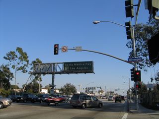 Immediately thereafter, U.S. 66 and California 2 west and Lincoln Boulevard south meet Olympic Boulevard. At this point, U.S. 66 reaches its historical end. At one time the intersection between Alternate U.S. 101 and U.S. 66, this was the farthest west U.S. 66 ever reached officially. However, unofficially, the historic route now ends at Santa Monica Pier (including a Route 66 end sign posted on the pier itself). This also marks the former western extent of California 2, which was eliminated from Santa Monica when Santa Monica Boulevard and this section of Lincoln Boulevard were returned to the municipality for maintenance. We could not find any end shields present here for either U.S. 66 or California 2. Stay left on southbound Lincoln Boulevard for the connection to Interstate 10 (Santa Monica Freeway) east to Los Angeles. California 1 continues south along Lincoln Boulevard toward Venice.