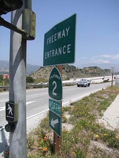 This freeway entrance shield assembly for California 2 north is posted on the on-ramp from westbound Camino San Rafael in Glendale. Photo taken 05/15/10 by Martin Grahl.