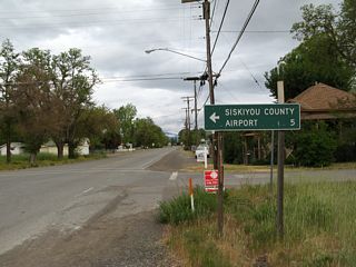 Eastbound California 3 (Webb Street) meets Ninth Street. Turn left here for Siskiyou County Airport (five miles north).