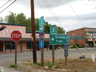 Route markers for California 3 and Siskiyou County Route A-28 at 11th Street in Montague.