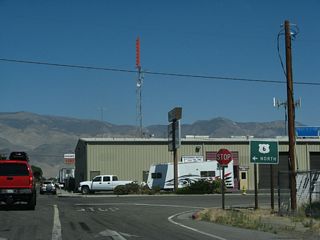 Eastbound Wye Road approaches its intersection with U.S. 6. Turn left to follow U.S. 6 northeast to Tonopah or right to meet U.S. 395. Note the use of the cardinal direction of NORTH; this is one of the few remaining signs to use NORTH rather than EAST.