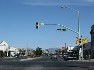 Eastbound Business Loop I-10 (Hobson Way) enters Downtown Blythe at Main Street.