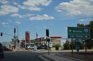 A loop ramp joins Business Loop I-15/Historic U.S. 66 eastbound with Interstate 15 north to Baker and Las Vegas. Main Street continues southeast to a parclo interchange with Interstate 40.