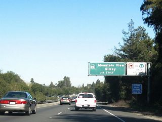California 85 connects Mountain View, Cupertino, Saratoga, and San Jose on a continuous freeway alignment, ending at U.S. 101 at both ends. The section of freeway between Interstate 280 southeast to U.S. 101 has truck restrictions as shown on this sign.