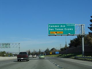 The right lane of California 17 becomes exit only for Exit 23, Santa Clara County G-4 (San Tomas Expressway) north and Camden Avenue east. The left three lanes continue north toward San Jose. Around this point, California 17 leaves the town of Los Gatos and enters the city of Campbell ("The Orchard City," pop. 39,200 per 2000 Census).