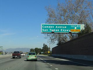 Northbound California 17 reaches Exit 23, Santa Clara County G-4 (San Tomas Expressway) north and Camden Avenue east into the Cambrian Park neighborhood of the city of San Jose.