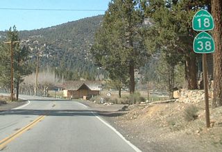 California 18 and California 38 travel due north along their shared alignment in Big Bear City.