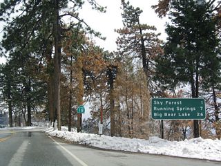 This mileage sign provides the distances to Sky Forest, Running Springs, and Big Bear Lake after the California 173 junction along the Rim of the World Highway.