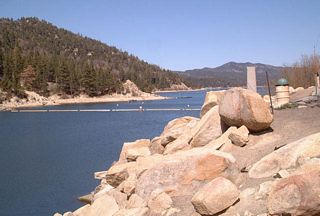 This view of Big Bear Lake is afforded from a pull-out next to the dam along California 18.