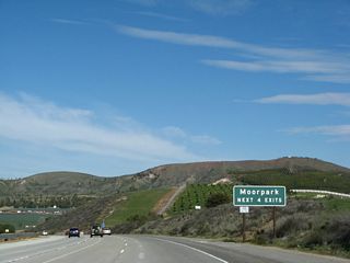 These four exits all serve the city of Moorpark. California 23 enters the city of Moorpark. The city was incorporated on July 1, 1983, and had a population of 31,415 as of the 2000 Census.