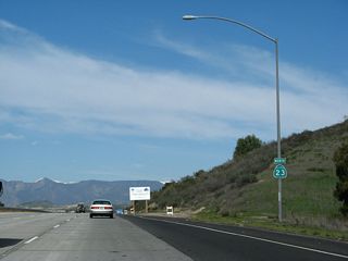 A California 23 north reassurance shield is posted after the on-ramp from Tierra Rejada Road.