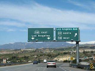 California 23 departs from the Moorpark Freeway and joins California 118 (Los Angeles Avenue) to travel west into Moorpark. The left two lanes connect to Exit 20B, California 118 (Simi Valley / Ronald Reagan Freeway) east to Simi Valley and Los Angeles.